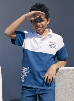 T-shirt, Polo Shirt-Sergent Major Blue and white jersey polo shirt with guitar badger motif