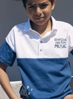 T-shirt, Polo Shirt-Sergent Major Blue and white jersey polo shirt with guitar badger motif