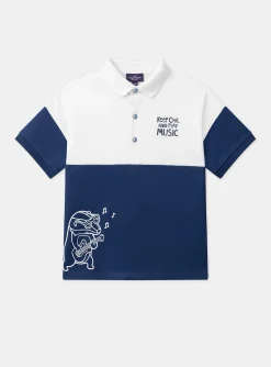 T-shirt, Polo Shirt-Sergent Major Blue and white jersey polo shirt with guitar badger motif