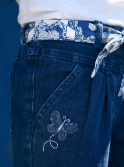 Trousers, Jeans And Legging-Sergent Major Blue carrot jeans with floral print belt