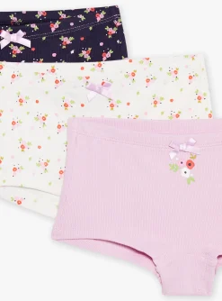 Underwear, Socks, Tights-Sergent Major 3 blue, mauve and ecru shorts with floral prints and motifs