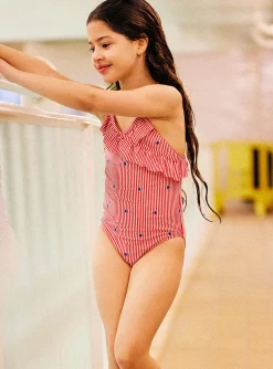 Swimsuit-Sergent Major Child girl striped swimsuit with ruffles