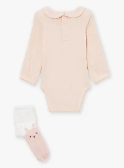 Suits And Ensembles-Sergent Major Ecru and pink bodysuit, romper and tights set