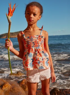 Shirt, T-shirt-Sergent Major Ecru smocked top with blue and orange flower print