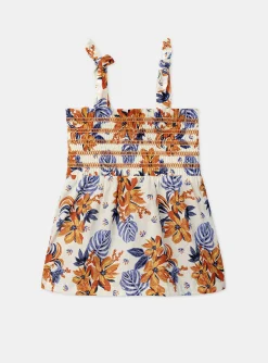 Shirt, T-shirt-Sergent Major Ecru smocked top with blue and orange flower print