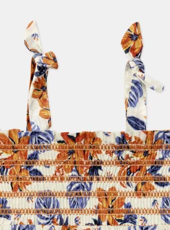 Shirt, T-shirt-Sergent Major Ecru smocked top with blue and orange flower print