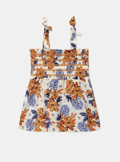Shirt, T-shirt-Sergent Major Ecru smocked top with blue and orange flower print