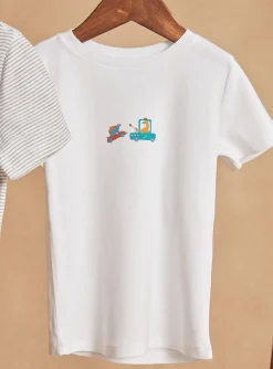 Underwear & Socks-Sergent Major 2 ecru T-shirts with spaceship and car prints and stripes
