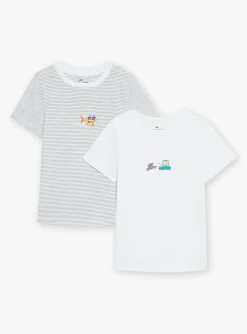 Underwear & Socks-Sergent Major 2 ecru T-shirts with spaceship and car prints and stripes