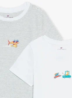 Underwear & Socks-Sergent Major 2 ecru T-shirts with spaceship and car prints and stripes