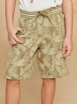 Bermuda Shorts-Sergent Major Khaki leaf and tiger print fleece bermuda shorts