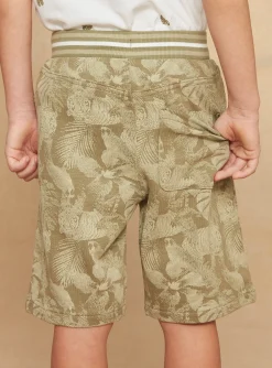 Bermuda Shorts-Sergent Major Khaki leaf and tiger print fleece bermuda shorts