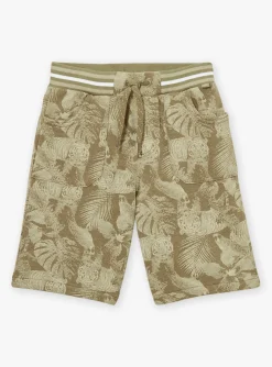 Bermuda Shorts-Sergent Major Khaki leaf and tiger print fleece bermuda shorts