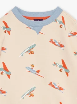 Knitwear, Sweater, Cardigan-Sergent Major Light beige fleece sweatshirt with aircraft print