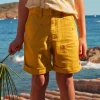 Bermuda Shorts-Sergent Major Mustard shorts with multicoloured shark fin embroideries