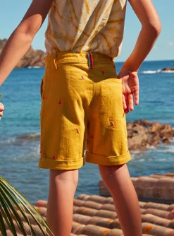 Bermuda Shorts-Sergent Major Mustard shorts with multicoloured shark fin embroideries