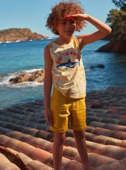 Bermuda Shorts-Sergent Major Mustard shorts with multicoloured shark fin embroideries