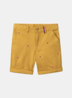 Bermuda Shorts-Sergent Major Mustard shorts with multicoloured shark fin embroideries