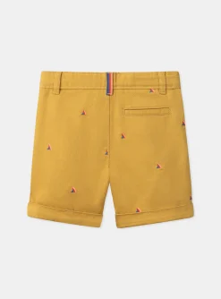 Bermuda Shorts-Sergent Major Mustard shorts with multicoloured shark fin embroideries