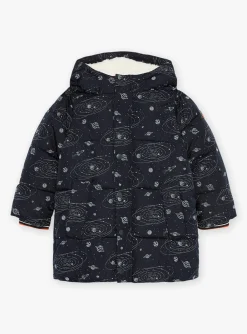 Coat, Parka, Jacket-Sergent Major Navy blue hooded down jacket with solar system print