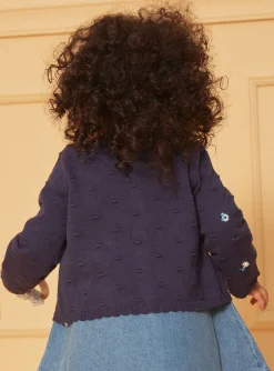 Knitwear, Sweater, Cardigan | Knitwear, Sweater, Cardigan-Sergent Major Navy blue textured cardigan with embroidered flowers