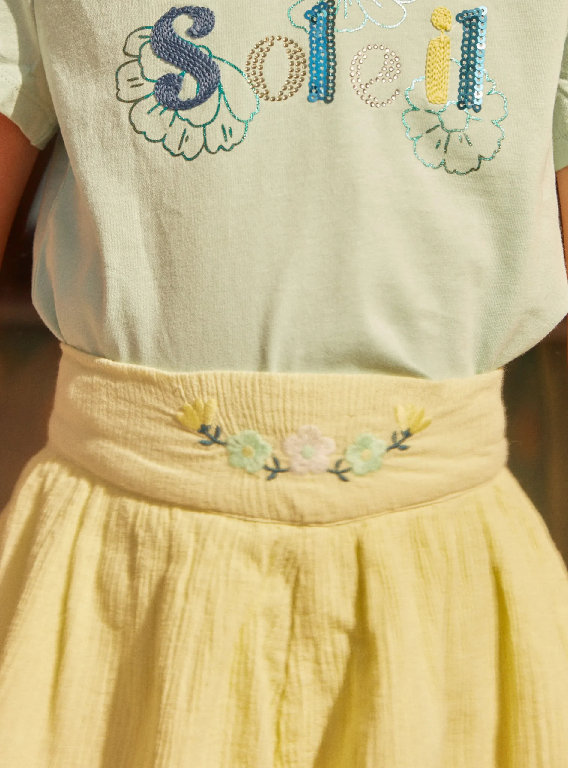 Skirt, Shorts-Sergent Major Pale Yellow Embroidered Shorts