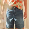 Bermuda Shorts-Sergent Major Palm leaf-patterned denim Bermuda shorts