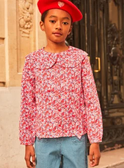 Shirt, T-shirt-Sergent Major Pink, red and lilac blouse with floral print in brushed twill