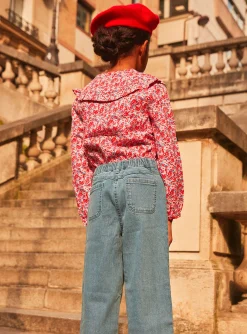 Shirt, T-shirt-Sergent Major Pink, red and lilac blouse with floral print in brushed twill