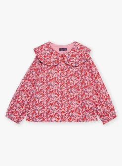 Shirt, T-shirt-Sergent Major Pink, red and lilac blouse with floral print in brushed twill