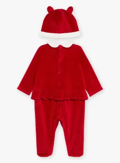 Pajamas & Rompers | Pajamas & Rompers-Sergent Major Red velvet romper and bonnet set