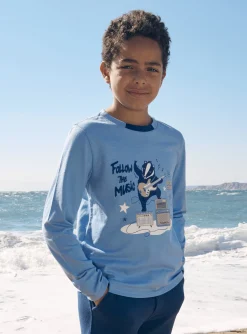 T-shirt, Polo Shirt-Sergent Major Sky-blue jersey T-shirt with guitar badger motif